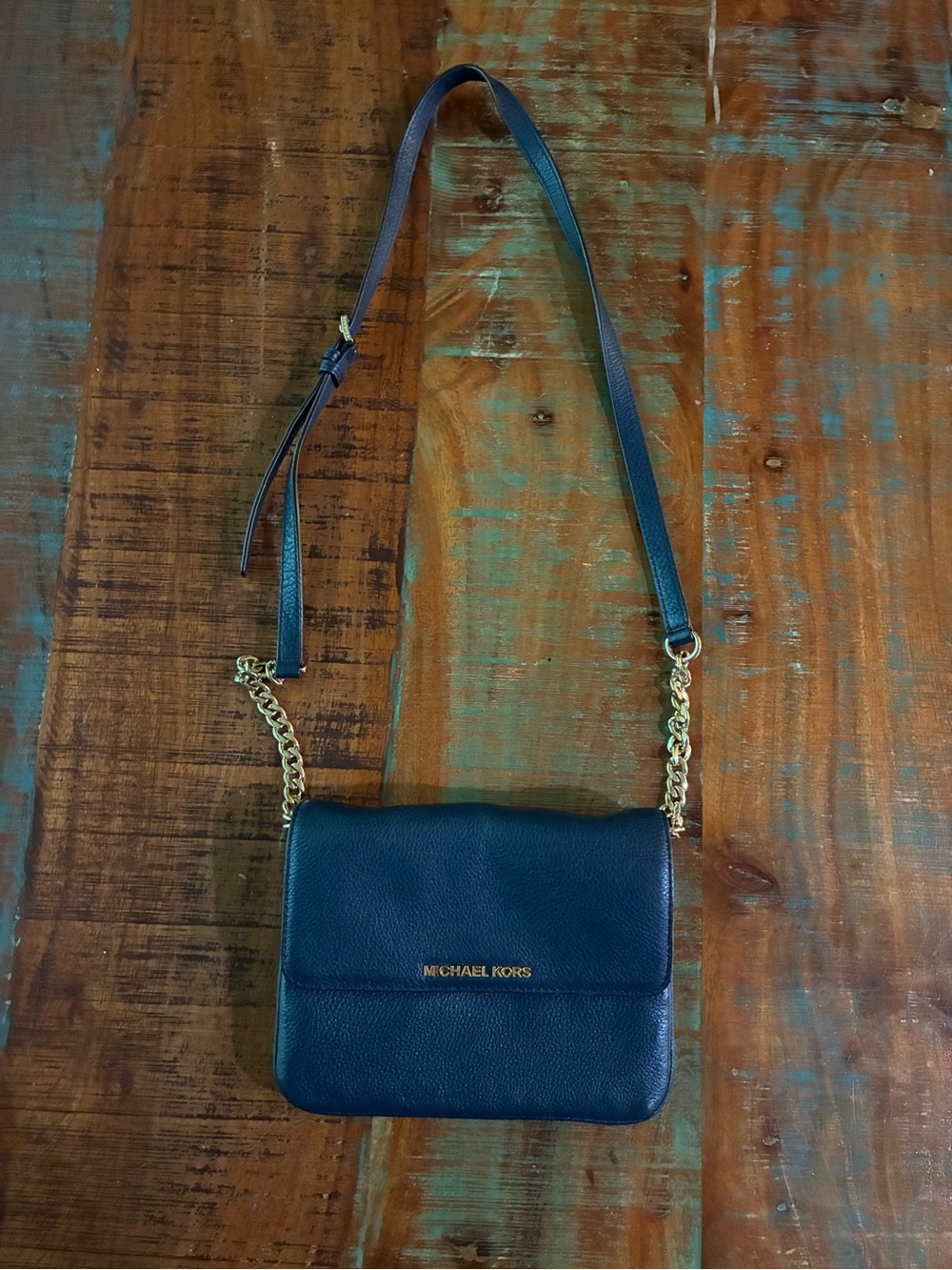 Michael Kors Black Leather Crossbody with Gold Chain